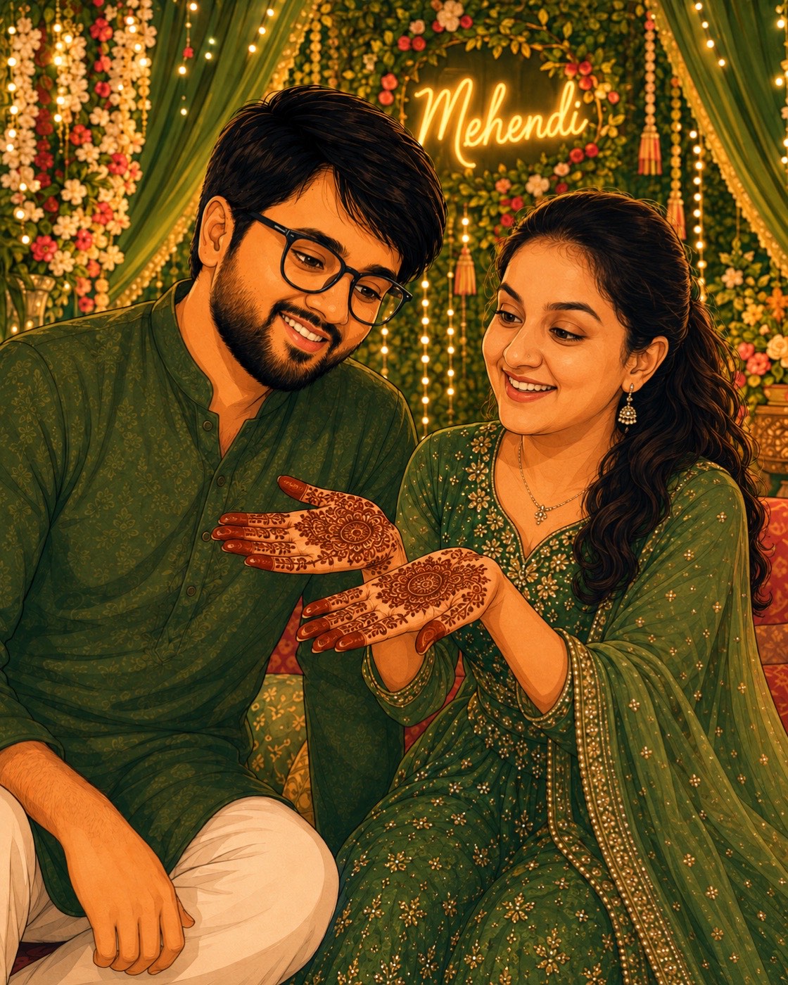 Divya and Tushar, mehendi illustration